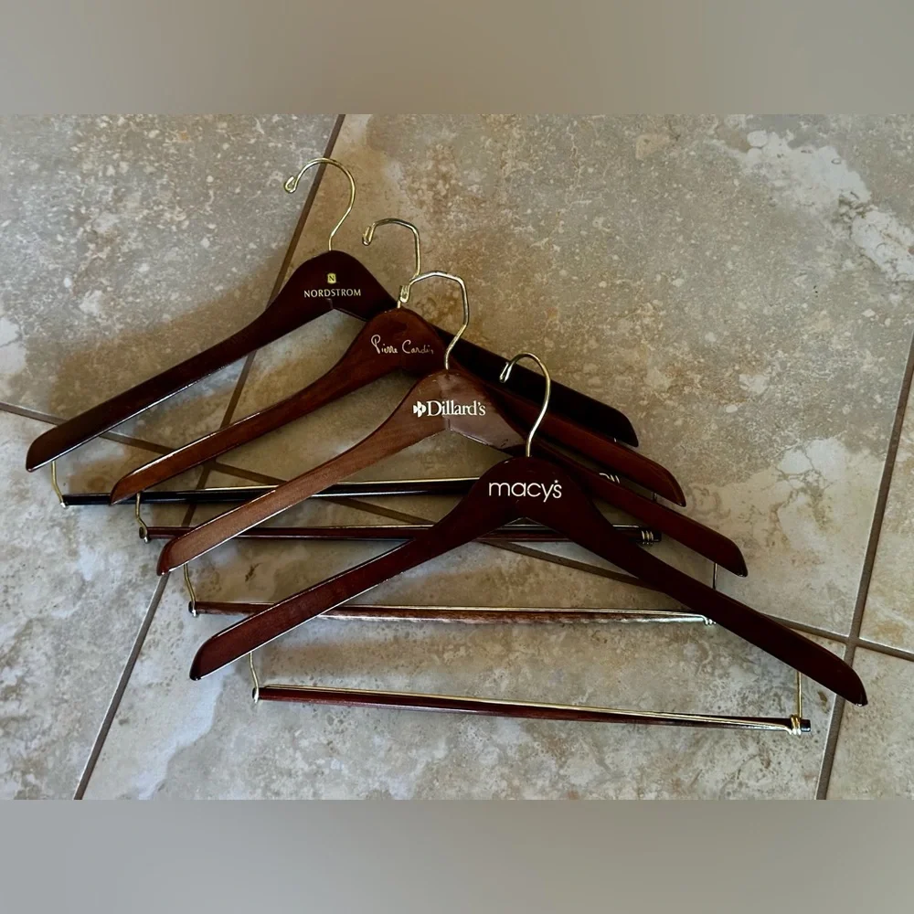 4 Designer/Department Store Wooden Slack Hangers. Dark wood w/gold hanger.